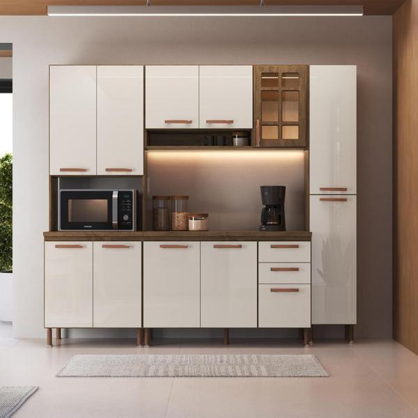 Imagem de Cozinha Modulada Compacta Fidelitá Berlim 4 Peças 225cm 12 Portas 2 Gavetas Com Tampo Noce/Off-White