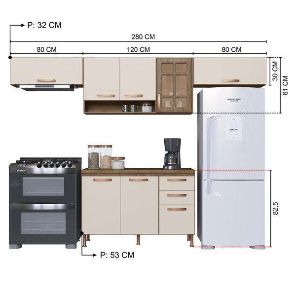 Imagem de Cozinha Modulada Compacta Fidelitá Berlim 4 Peças 280cm 8 Portas 2 Gavetas Com Tampo Noce/Off-White