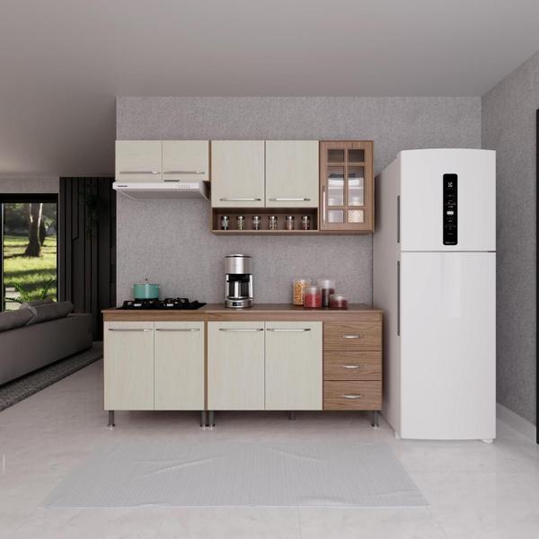 Imagem de Cozinha Modulada Compacta Fidelitá Paris 4 Peças 190cm 9 Portas 3 Gavetas Com Tampo Nogal/Salinas