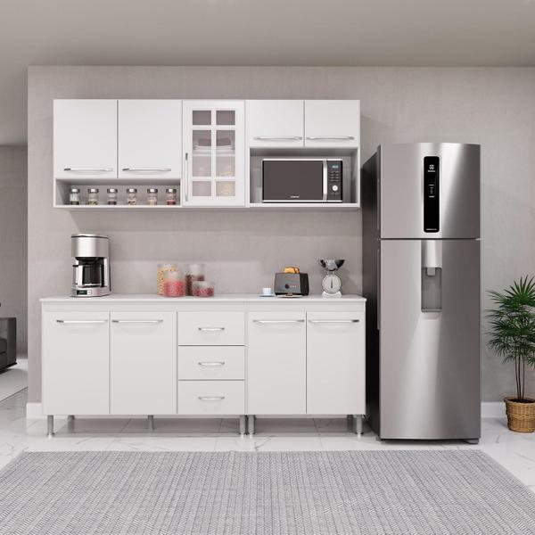 Imagem de Cozinha Modulada Compacta Fidelitá Viena 4 Peças 190cm 9 Portas 3 Gavetas Com Tampo Branco