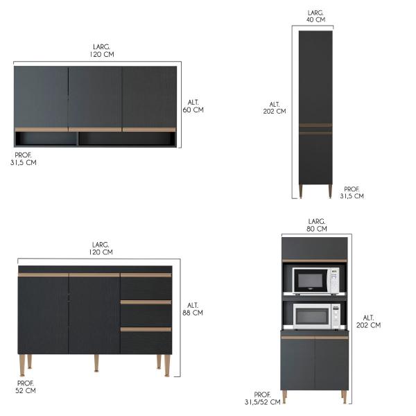 Imagem de Cozinha Modulada Compacta Torre Quente Balcão Pia Sabrina 240x202 Cm 4 Peças MDP Preto MENU