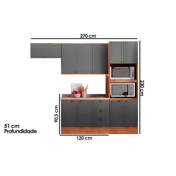 Imagem de Cozinha Modulada Completa Bella 4 Peças (2Armários+1Balcão+1Paneleiro) C4P57 Nogal/Cinza - Carraro