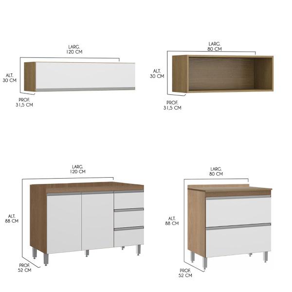 Imagem de Cozinha Modulada Completa com Balcão Pia Paneleiro Sabrina 360x202 Cm 6 Peças MDP Branco MENU