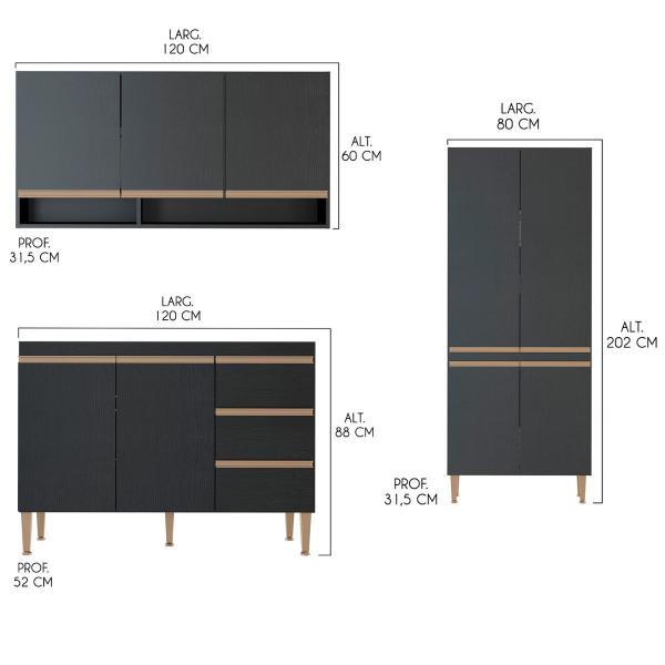 Imagem de Cozinha Modulada Completa com Torre Quente Forno Sabrina 360x202 Cm 6 Peças MDP Preto MENU