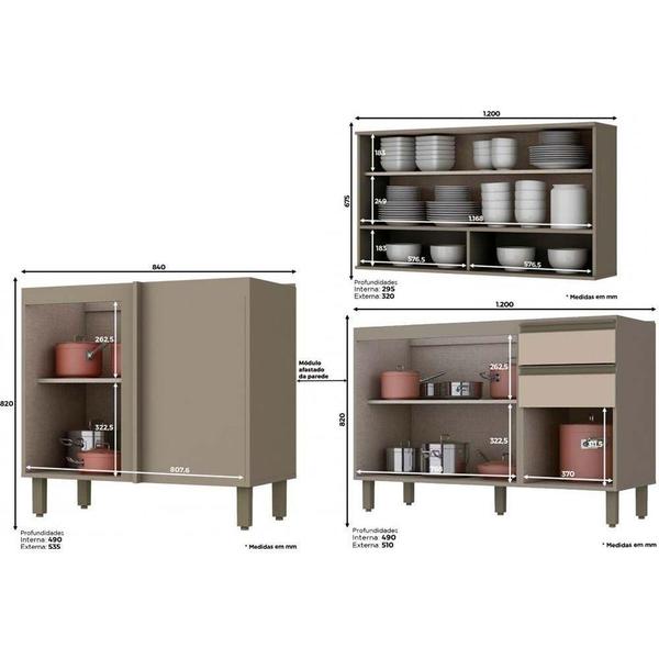 Imagem de Cozinha Modulada Completa Connect 12 Peças (5 Armários + 3 Balcões + 1 Paneleiro + 3 Complementos) C12P02 Duna/Cristal - Henn