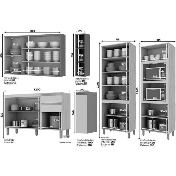 Imagem de Cozinha Modulada Completa Connect 8 Peças (1 Armário + 2 Balcões + 2 Paneleiros + 3 Complementos) C8P05 Duna/Cristal - Henn