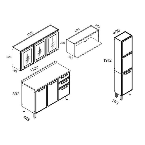 Imagem de Cozinha Modulada Completa Evidence 4 Peças (1 Armário + 1 Balcão + 1 Paneleiro + 1 Complemento) C4P48 Branco - Bertolini