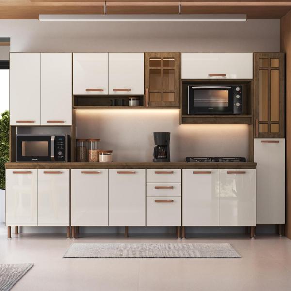 Imagem de Cozinha Modulada Completa Fidelitá Berlim 6 Peças 305cm 15 Portas 2 Gavetas Com Tampo Noce/Off-White