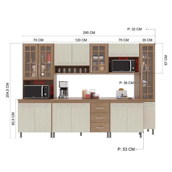 Imagem de Cozinha Modulada Completa Fidelitá Paris 6 Peças 295cm 15 Portas 3 Gavetas Com Tampo Nogal/Salinas