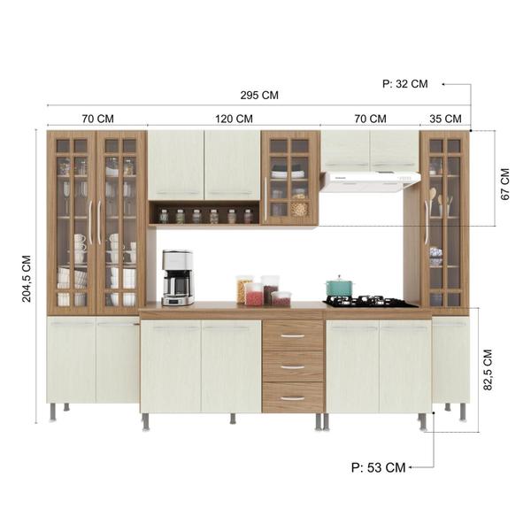 Imagem de Cozinha Modulada Completa Fidelitá Paris 6 Peças 295cm 15 Portas 3 Gavetas Com Tampo Nogal/Salinas