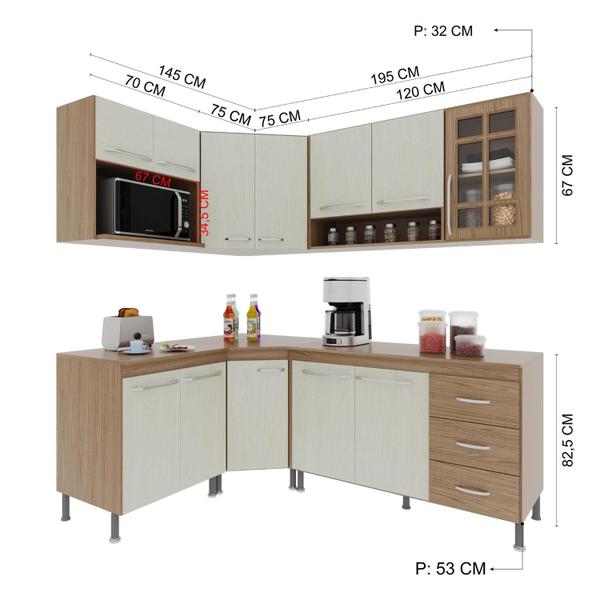 Imagem de Cozinha Modulada Completa Fidelitá Paris 6 Peças 340cm 12 Portas 3 Gavetas Com Tampo Nogal/Salinas