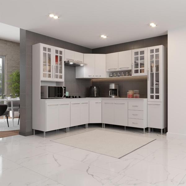 Imagem de Cozinha Modulada Completa Fidelitá Viena 8 Peças 445cm 18 Portas 3 Gavetas Com Tampo Branco