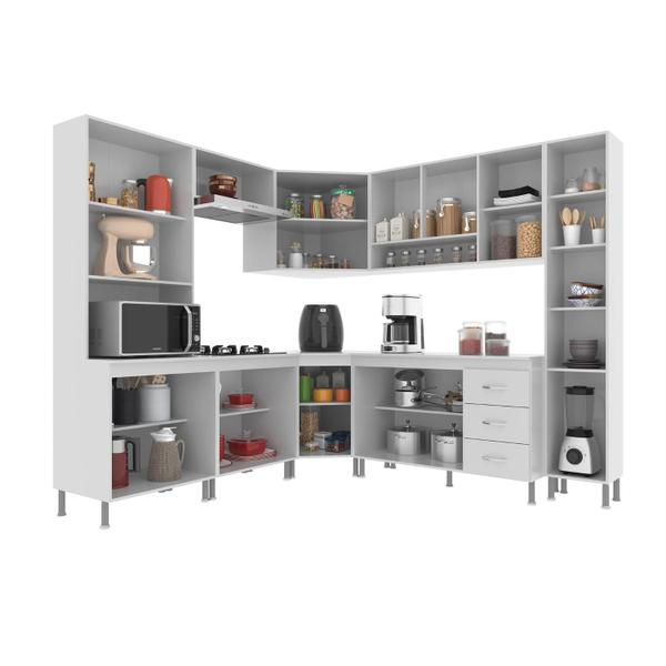 Imagem de Cozinha Modulada Completa Fidelitá Viena 8 Peças 445cm 18 Portas 3 Gavetas Com Tampo Branco