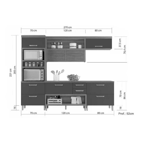 Imagem de Cozinha Modulada Completa Princesa 4 Peças (1Aéreo+2Balcões+1Paneleiro) C6P65 Freijo/Grafite - Nesher