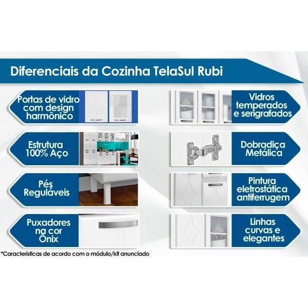 Imagem de Cozinha Modulada Completa Rubi 4 Peças (2 Armários + 1 Balcão + 1 Paneleiro) C4P24 Branco/Preto - Telasul