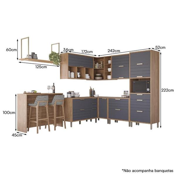 Imagem de Cozinha Modulada Eloise 9 Peças com Ilha Gourmet e Prateleira Suspensa - MGM