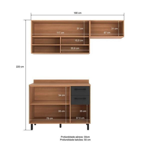 Imagem de Cozinha Modulada Havana 3 Peças com Tampo 5 Portas e 2 Gavetas Rovere/Grafite