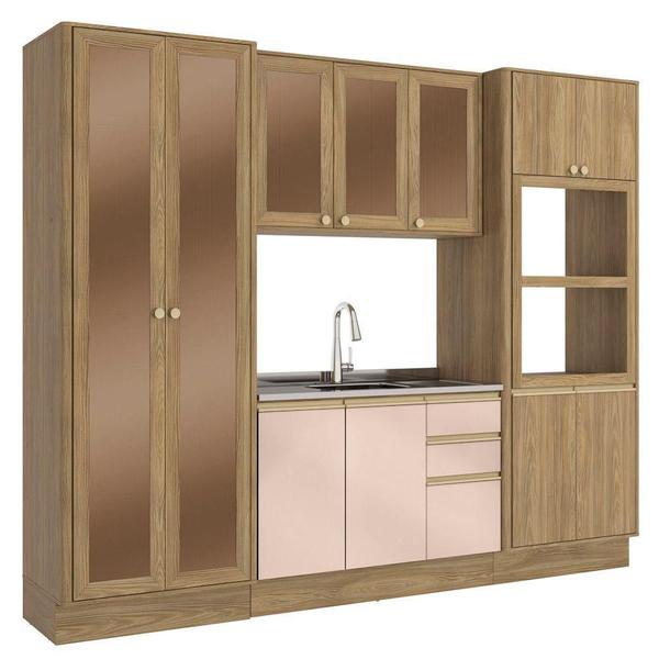 Imagem de Cozinha Modulada Kappesberg Curve Nogueira/Macadamia MDF Sem Pia 230x280x54cm