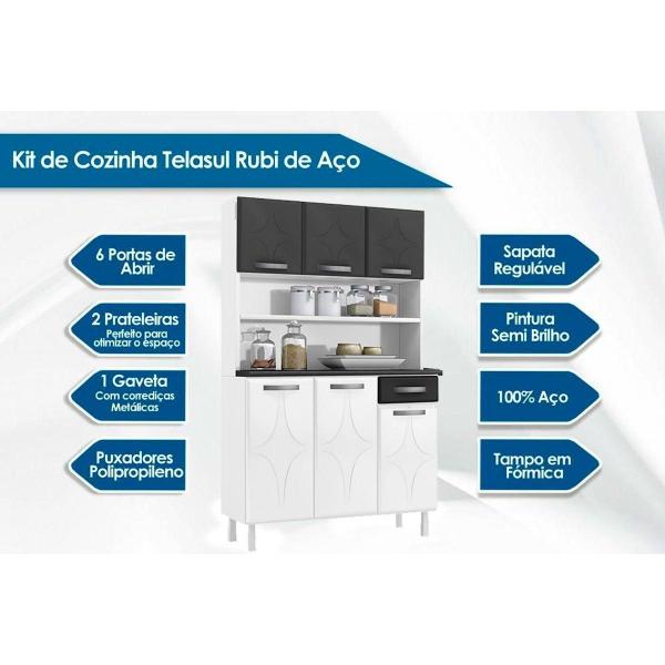 Imagem de Cozinha Modulada Telasul Rubi Kit Smart Aço 6 Portas e 1 Gaveta 105cm Branco/Preto-Telasul