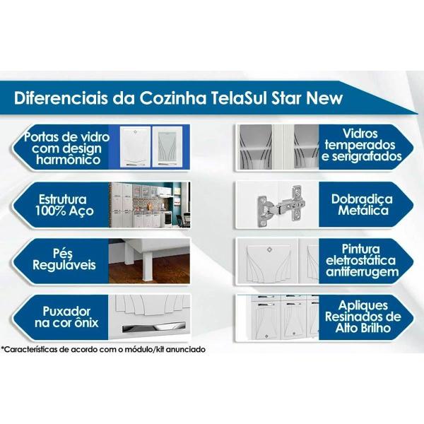 Imagem de Cozinha Modulada Telasul Star New Kit Aço 6 Portas e 3 Gavetas 120cm Branco/Preto-Telasul