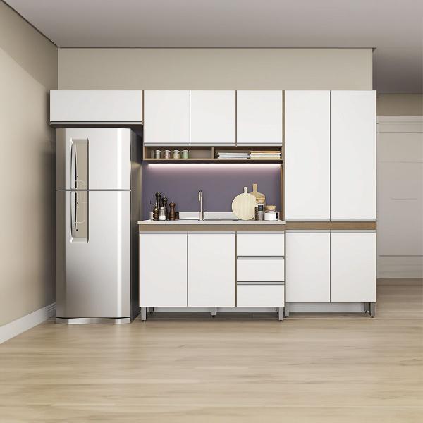 Cozinha Pequena com Armário Paneleiro Modulado Sabrina 280 x 202 Cm 4 Peças MDP Branco MENU - Menu Móveis Imagem de Cozinha Pequena com Armário Paneleiro Modulado Sabrina 280 x 202 Cm 4 Peças MDP Branco MENU