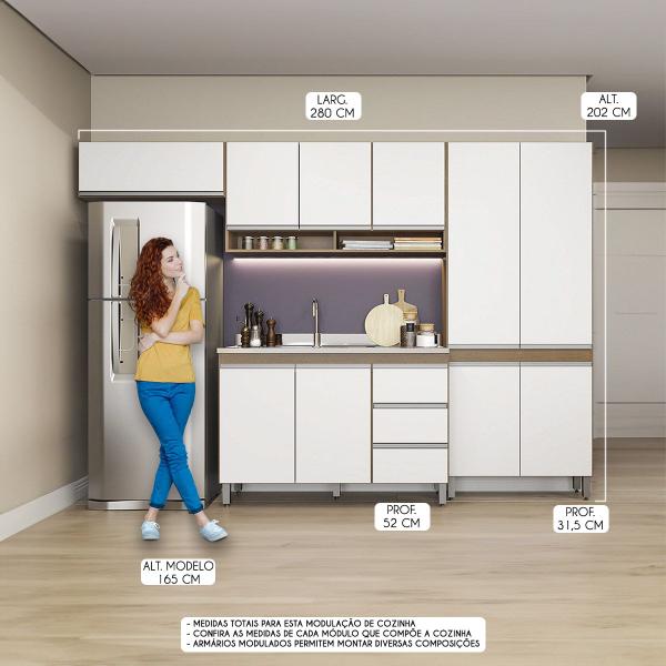 Cozinha Pequena com Armário Paneleiro Modulado Sabrina 280 x 202 Cm 4 Peças MDP Branco MENU - Menu Móveis Imagem de Cozinha Pequena com Armário Paneleiro Modulado Sabrina 280 x 202 Cm 4 Peças MDP Branco MENU