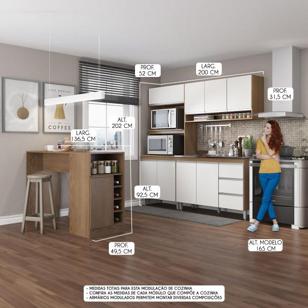 Imagem de Cozinha Pequena Modulada com Bancada Ilha 200 Cm 4 Peças MDP Branco MENU