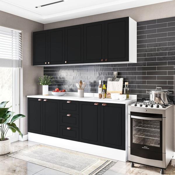 Cozinha Pérola com Rodapé e Tampo Aéreos com 5 Portas, Balcão 2 Gavetas 3 Portas e Balcão 2 Portas Y - Yescasa Imagem de Cozinha Pérola com Rodapé e Tampo Aéreos com 5 Portas, Balcão 2 Gavetas 3 Portas e Balcão 2 Portas Y