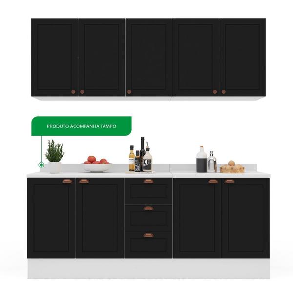 Cozinha Pérola com Rodapé e Tampo Aéreos com 5 Portas, Balcão 2 Gavetas 3 Portas e Balcão 2 Portas Y - Yescasa Imagem de Cozinha Pérola com Rodapé e Tampo Aéreos com 5 Portas, Balcão 2 Gavetas 3 Portas e Balcão 2 Portas Y