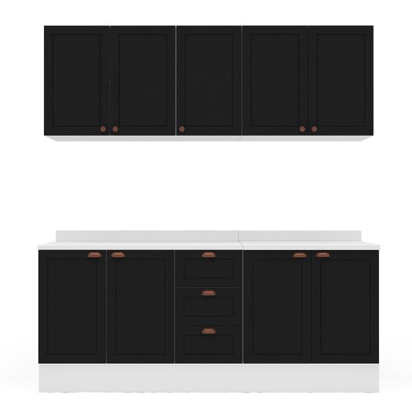Cozinha Pérola com Rodapé e Tampo Aéreos com 5 Portas, Balcão 2 Gavetas 3 Portas e Balcão 2 Portas Y - Yescasa Imagem de Cozinha Pérola com Rodapé e Tampo Aéreos com 5 Portas, Balcão 2 Gavetas 3 Portas e Balcão 2 Portas Y
