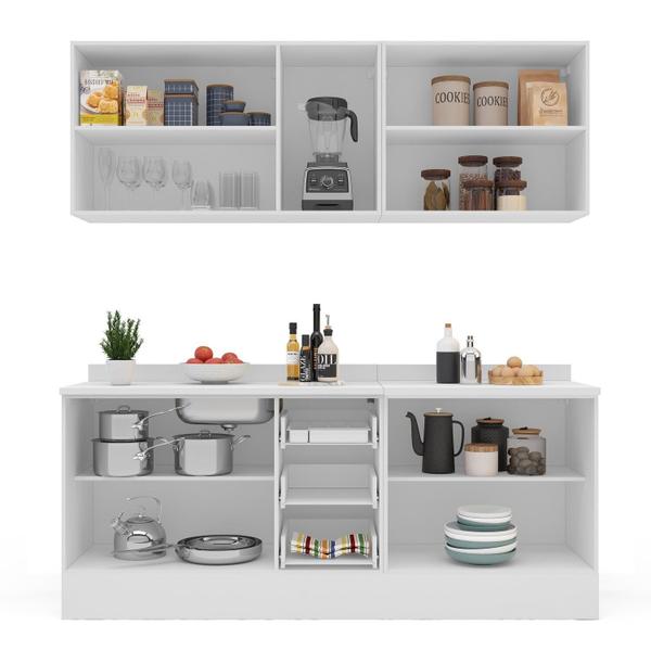 Cozinha Pérola com Rodapé e Tampo Aéreos com 5 Portas, Balcão 2 Gavetas 3 Portas e Balcão 2 Portas Y - Yescasa Imagem de Cozinha Pérola com Rodapé e Tampo Aéreos com 5 Portas, Balcão 2 Gavetas 3 Portas e Balcão 2 Portas Y