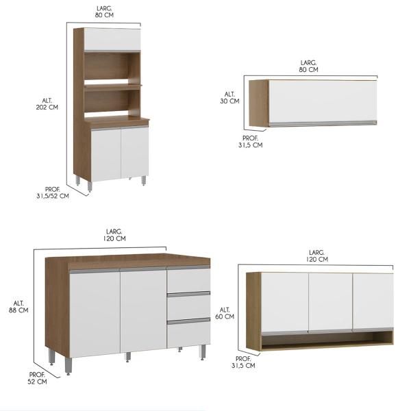 Imagem de Cozinha Planejada Compacta Modulada Sabrina 03 Gavetas 280x195x52 cm 4 Peças MDP Branco MENU