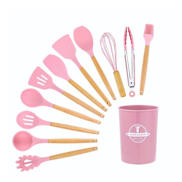 Imagem de cozinha utensiliosespatula de silicone para cozinha12 pçs utensílios de cozinha conjunto de madeira lidar com espátula