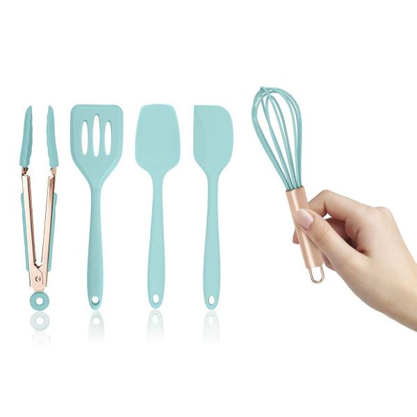 Imagem de Cozinhe com conjunto de cores de cinco aqua e rosa ouro de silicone mini conjunto de utensílios de cozinha