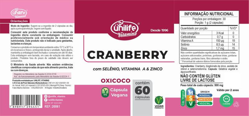 Imagem de CRANBERRY OXICOCO + VITAMINAS 60 Cápsulas - UNILIFE