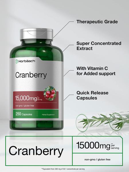 Imagem de Cranberry + Vitamina C  15.000mg  250 Cápsulas  Não-OGM e Livre de Glúten  Extrato Concentrado  Horbaach