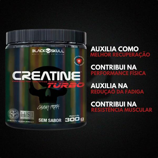 Imagem de Creatina Monohidratada Creatine Turbo Black Skull 300g  Energia  Força  Ganho de Massa Muscular