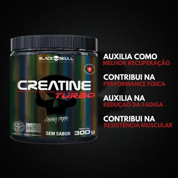 Imagem de Creatina Monohidratada TURBO 300g Black Skull + Coqueteleira Fumê 600ml - Kit Creatine Para Ganho de Massa Muscular - Energia - Força + Shakeira 600ml