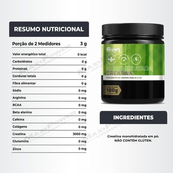 Creatina Pura 100g Monohidratada + Cromo 120 Caps Growth Imagem de Creatina Pura 100g Monohidratada + Cromo 120 Caps Growth