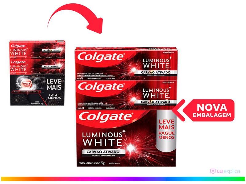 Imagem de Creme Dental Clareador Colgate White Carvão Ativado Luminous 70g 4 Unidades