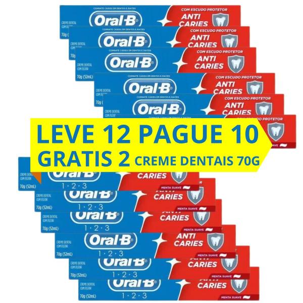 Imagem de Creme Dental Oral B 123 Anti Caries 70g Oferta Leve 12 Pague 10 - Embalagem com 12 Unidades