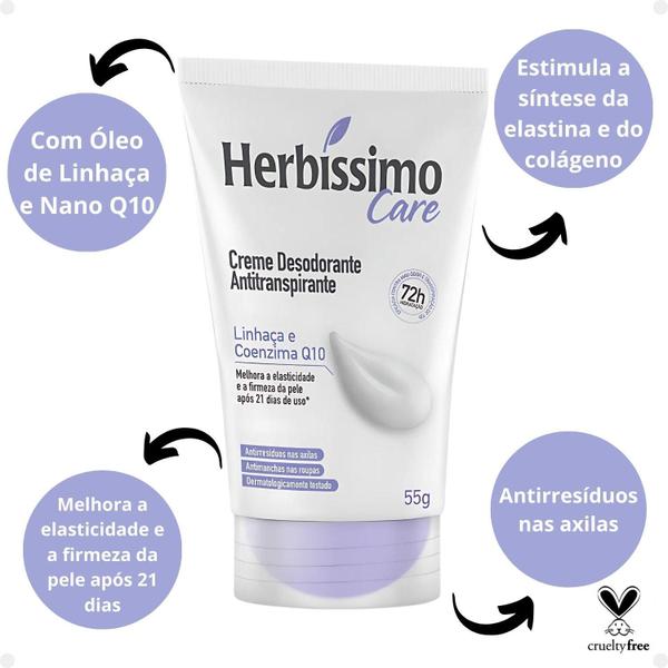 Imagem de Creme Desodorante Antitranspirante Herbíssimo Care Linhaça e Coenzima Q10 55g