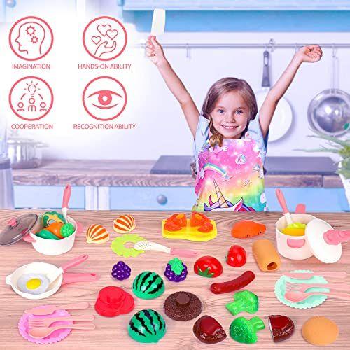 Imagem de Crianças Jogar Acessórios de Cozinha Conjunto, Pretend Play Cooking Toys Set, Brinquedos de Cozinha Playset para crianças, Panelas de brinquedo e frigideiras para crianças Cozinha com Fake Play Food Cookware Utensílios de cozinha pratos, Meninas Meni