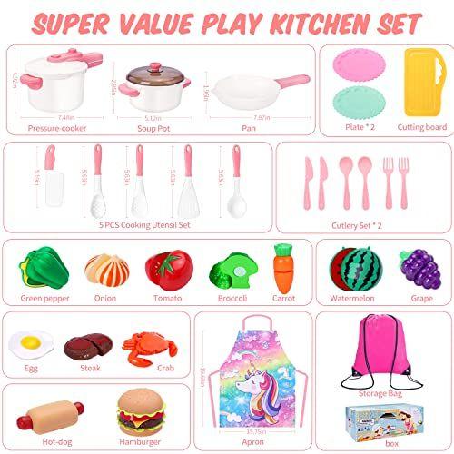 Imagem de Crianças Jogar Acessórios de Cozinha Conjunto, Pretend Play Cooking Toys Set, Brinquedos de Cozinha Playset para crianças, Panelas de brinquedo e frigideiras para crianças Cozinha com Fake Play Food Cookware Utensílios de cozinha pratos, Meninas Meni