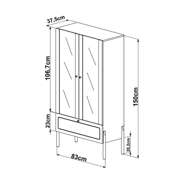Imagem de Cristaleira 2 Portas de Vidro 1 Gaveta 83cm Pés em Madeira