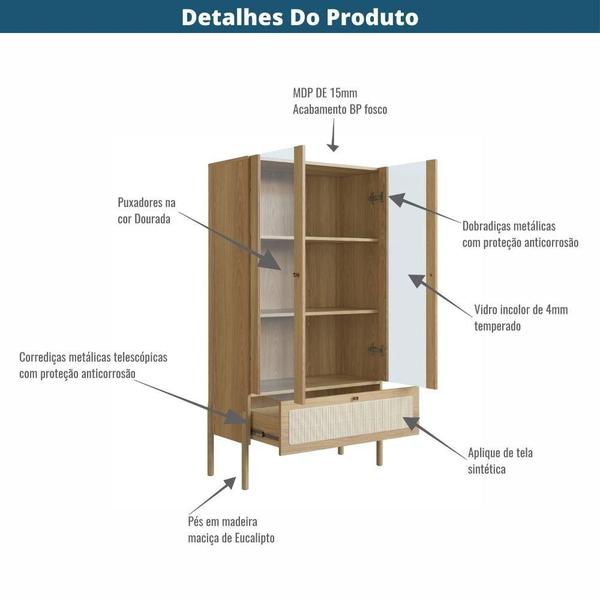 Imagem de Cristaleira 2 Portas Oslo Artesano 83 cm (larg) MDP Hanover Palha Sintética Bege Pés Madeira Maciça