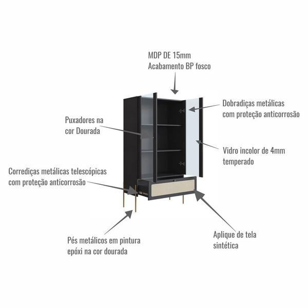 Imagem de Cristaleira 2 Portas Vidro 1 Gaveta 83cm Palhinha Pé Metal Oslo Artesano  Hanover/Dourado