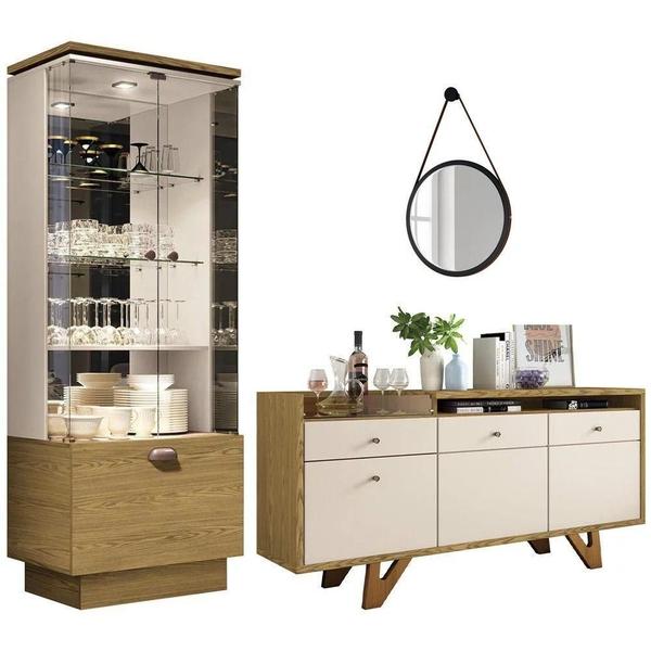 Imagem de Cristaleira Aruan Buffet Ellora E Espelho Adnet 67cm H01 Off White/carvalho - Mpozenato