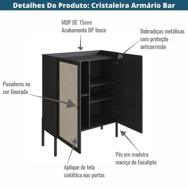 Imagem de Cristaleira Bar Armário Alto Oslo Artesano 93 cm (larg) MDP Nero Palha Sintética Base Madeira Maciça