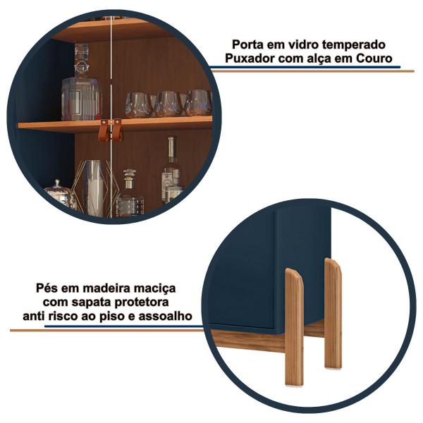 Imagem de Cristaleira de Vidro Temperado para Hall de Entrada Sala de Jantar e Estar Retrô Vintage 2 Portas Pés em Madeira Maciça Lizz Casa D - Azul/Cedro